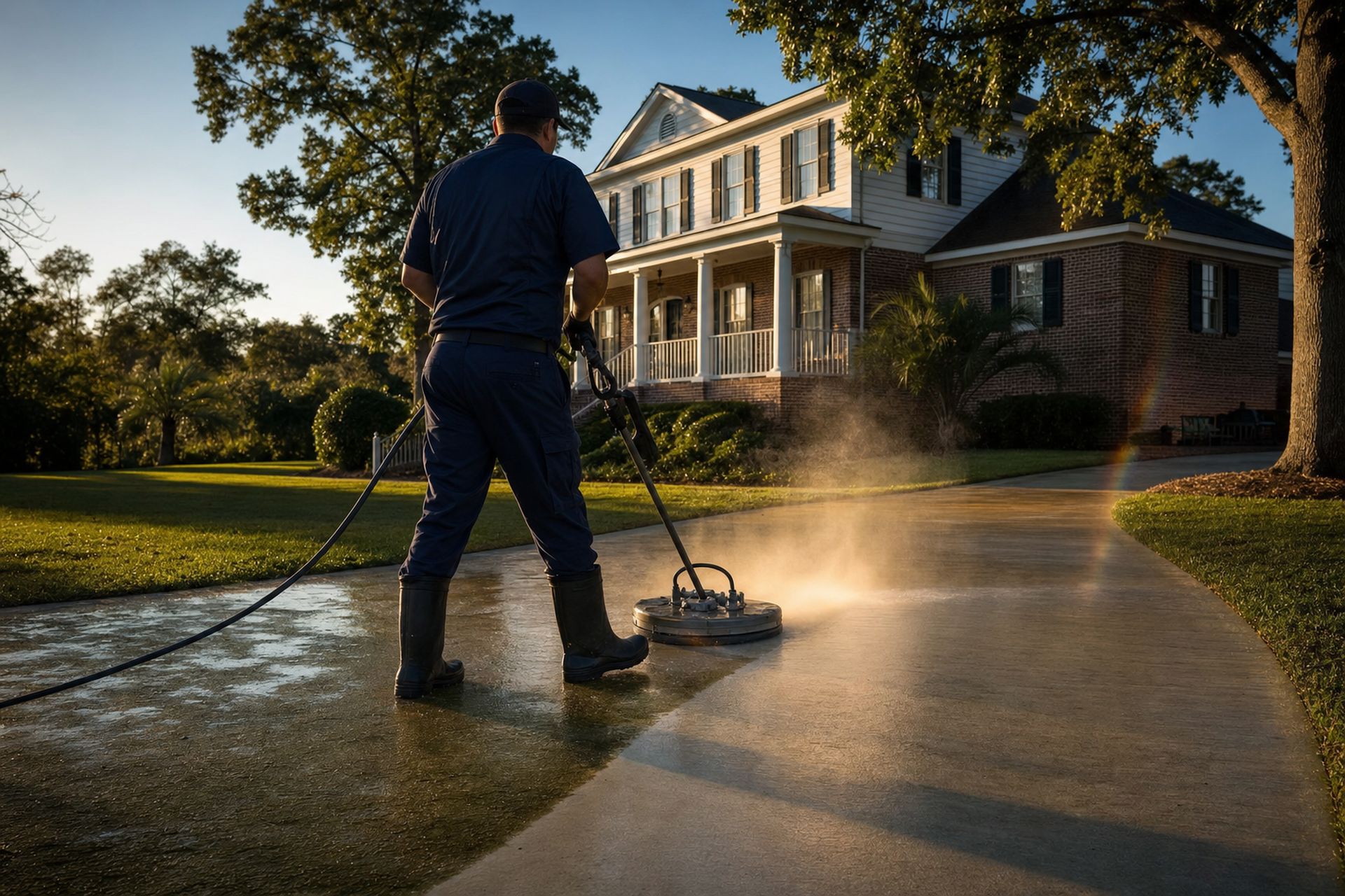 Eagle Eye technician using a surface cleaner to strip years of grime from a Greenville-area brick home's driveway at golden hour.
