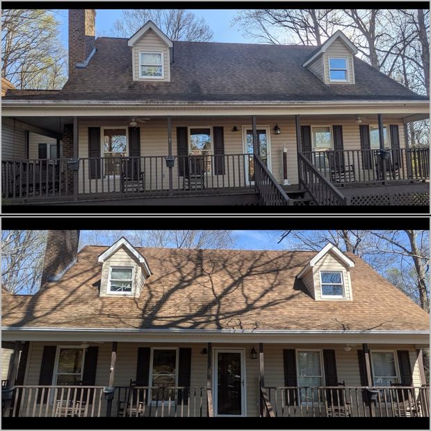 Asphalt shingle roof before and after a soft wash removed black streaking