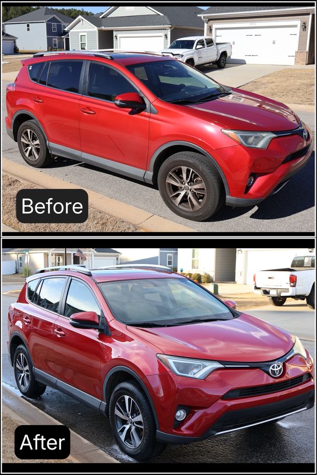 Red SUV before and after a mobile exterior detail in a Greenville driveway